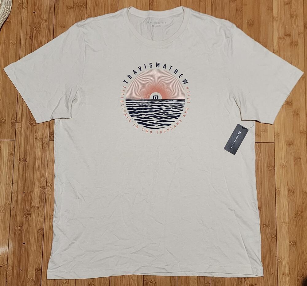 NWT Travis Mathew Beige Beach Cities Golf Shirt Mens 2XL XXL Vacation Summer